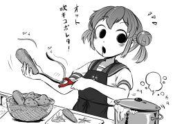 Rule 34 | 1girl, 4shi, :o, accident, apron, bags under eyes, basket, carrot, commentary request, cooking, cooking pot, cutting board, dango-chan (4shi), drooling, highres, holding, holding carrot, hollow eyes, injury, looking at viewer, notice lines, original, peeler, peeling, potato, print apron, sailor collar, school uniform, serafuku, short hair, short sleeves, simple background, sink, solo, spot color, translation request, upper body