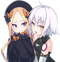 Rule 34 | 2girls, :&gt;, :d, abigail williams (fate), arm belt, bandaged arm, bandages, bare shoulders, belt, belt buckle, black belt, black bow, black dress, black hat, black shirt, blonde hair, blue eyes, blush, bow, breasts, buckle, commentary request, dress, facial scar, fate/grand order, fate (series), green eyes, hair between eyes, hair bow, hat, heart, heart-shaped pupils, highres, jack the ripper (fate/apocrypha), kirisame mia, long sleeves, looking at viewer, multiple girls, open mouth, orange bow, parted bangs, polka dot, polka dot bow, scar, scar across eye, scar on cheek, scar on face, shirt, shoulder tattoo, silver hair, simple background, sleeveless, sleeveless shirt, sleeves past fingers, sleeves past wrists, small breasts, smile, symbol-shaped pupils, tattoo, tsurime, white background