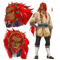 Rule 34 | 1boy, aged down, alternate hairstyle, alternate universe, artist request, beard, belt, black nails, circlet, dark-skinned male, dark skin, earrings, facial hair, ganondorf, gerudo, gold trim, hand on own hip, highres, jewelry, manly, nail polish, nintendo, pointy ears, red hair, scowl, sideburns, the legend of zelda, the legend of zelda: breath of the wild, tunic, yellow eyes