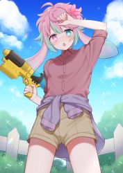 Rule 34 | +++ (artist), 1boy, :o, animal ears, arm up, blue sky, blush, buttons, cloud, commission, flower, green eyes, green hair, gun, hair flower, hair ornament, heterochromia, highres, holding, holding gun, holding weapon, looking at viewer, looking down, male focus, multicolored hair, nose blush, open mouth, pink eyes, pink hair, rabbit boy, rabbit ears, shirt, shorts, skeb commission, sky, solo, water gun, weapon
