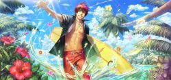 Rule 34 | 1boy, arm at side, arm up, bare arms, bare pectorals, blue sky, cloud, collarbone, collared shirt, cowboy shot, day, flower, graphite (medium), grin, holding, holding surfboard, jewelry, kagami taiga, kuroko no basuke, light rays, looking at viewer, male focus, mechanical pencil, navel, necklace, ocean, open clothes, open shirt, outdoors, palm tree, pants, pectorals, pencil, pendant, red eyes, red hair, shirt, short hair, sky, smile, solo, splashing, stomach, suiact, sunbeam, sunlight, surfboard, toned, toned male, traditional media, tree, wading, water