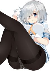 Rule 34 | 10s, 1girl, black pantyhose, blue eyes, blush, breasts, eyes visible through hair, gloves, gusset, hair ornament, hair over one eye, hairclip, hamakaze (kancolle), hand on own stomach, hidaka0503, highres, kantai collection, large breasts, legs up, looking at viewer, no pants, panties, panties under pantyhose, pantyhose, parted lips, pleated skirt, school uniform, serafuku, short hair, silver hair, simple background, skirt, solo, thighband pantyhose, underwear, white background, white gloves