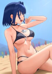 Rule 34 | 1girl, ?, absurdres, arm up, beach, between breasts, bikini, black bikini, black choker, blue eyes, blue hair, blue sky, blurry, blurry background, boros (ouro kronii), breasts, choker, commentary, diptip, drop earrings, earrings, english commentary, hair intakes, highres, hololive, hololive english, jewelry, knee up, large breasts, navel, o-ring, o-ring bikini, ouro kronii, short hair, sitting, sky, solo focus, striped bikini, striped clothes, swimsuit, vertical-striped bikini, vertical-striped clothes, virtual youtuber