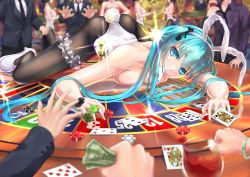 Rule 34 | 1girl, ace (playing card), ace of spades, all fours, animal ears, aqua eyes, aqua hair, banknote, blurry, brown pantyhose, card, casino, crowd, depth of field, eefec, fake animal ears, fake tail, full body, gambling, glint, hair ornament, hatsune miku, highres, leg ribbon, leotard, long hair, looking at viewer, money, mouth hold, on table, pantyhose, people, playboy bunny, playing card, poker chip, rabbit ears, rabbit hair ornament, rabbit tail, ribbon, roulette, smile, solo focus, spade (shape), table, tail, thigh ribbon, top-down bottom-up, twintails, very long hair, vocaloid