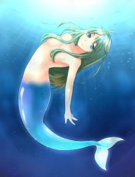 Rule 34 | 1girl, ahoge, armpits, blue eyes, blush, breasts, cleavage, closed mouth, collarbone, completely nude, convenient censoring, fins, full body, green hair, hair censor, hair over breasts, highres, light rays, long hair, looking at viewer, mermaid, monster girl, navel, nude, ocean, original, outdoors, scales, sidelocks, smile, solo, stomach, submerged, sunlight, topfreedom, underwater, uyu (keyakinoki), water