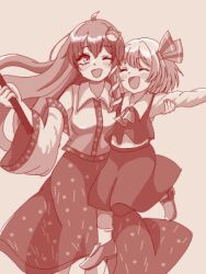 Rule 34 | 2girls, antennae, black vest, frog hair ornament, gohei, hair ornament, hair ribbon, hair tubes, kochiya sanae, long hair, lowres, monochrome, multiple girls, necoyngwie, nontraditional miko, open mouth, outstretched arms, ribbon, rumia, short hair, simple background, smile, snake, snake hair ornament, spread arms, touhou, vest