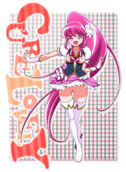 Rule 34 | 10s, 1girl, aino megumi, arm warmers, artist request, boots, breasts, cure lovely, earrings, eyelashes, hair ornament, happinesscharge precure!, happy, heart, high heels, jewelry, long hair, looking at viewer, magical girl, pink background, pink eyes, pink hair, pink skirt, pink theme, ponytail, precure, puffy sleeves, pussy, ribbon, shirt, skirt, smile, solo, thigh boots, thighhighs, white thighhighs, wrist cuffs
