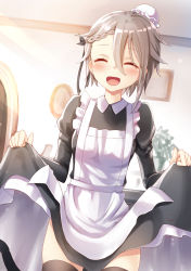 Rule 34 | 1girl, :d, ^ ^, alternate costume, ange (princess principal), apron, black dress, black ribbon, black thighhighs, blurry, blurry background, blush, braid, brown hair, closed eyes, commentary request, depth of field, dress, dutch angle, enmaided, facing viewer, hair between eyes, hair ribbon, hat, highres, indoors, juliet sleeves, long sleeves, maid, maid apron, maid cap, mob cap, open mouth, picture frame, piripun, princess principal, puffy sleeves, ribbon, signature, skirt hold, smile, solo, thighhighs, white apron