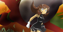 Rule 34 | 1girl, angry, armpits, arms at sides, artist request, bare shoulders, black dress, blue eyes, breasts, brown hair, clenched hands, creatures (company), dress, earrings, epic, eyelashes, female focus, floating hair, flying, game freak, gen 2 pokemon, gloves, green (pokemon), ho-oh, jewelry, legendary pokemon, legs, long hair, looking away, medium breasts, neck, nintendo, outdoors, parted bangs, pokemon, pokemon adventures, shiny clothes, short dress, side slit, sidelocks, size difference, sky, sleeveless, sleeveless dress, sleeveless turtleneck, standing, thighs, tight clothes, tight dress, turtleneck, turtleneck dress, v-shaped eyebrows, white gloves, wind, wind lift