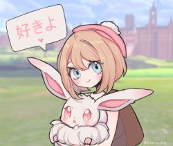 Rule 34 | 1girl, aliceyawnin, alternate color, alternate shiny pokemon, artist name, backpack, bag, beret, blonde hair, blue eyes, blue sky, blurry, blurry background, blush, breasts, carrying, claire (clarevoir), closed mouth, cloud, creatures (company), day, eevee, female focus, game freak, gen 1 pokemon, gloria (pokemon), grass, happy, hat, heart, japanese text, looking at viewer, nintendo, open mouth, outdoors, pink headwear, pokemon, pokemon (creature), pokemon swsh, red eyes, shirt, short hair, sky, sleeveless, sleeveless shirt, small breasts, smile, speech bubble, spoken heart, translated, twitter username, upper body, watermark, white shirt