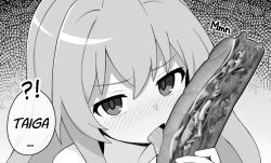 Rule 34 | !?, 1girl, aisaka taiga, blush, commentary, english commentary, english text, fellatio, greyscale, licking, long hair, looking at viewer, mikoscrub, monochrome, oral, phallic symbol, photo inset, portrait, sandwiched, sexually suggestive, simulated fellatio, solo, sound effects, speech bubble, tongue, tongue out, toradora!