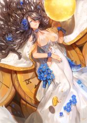 Rule 34 | 1girl, blue eyes, blue flower, blue nails, breasts, breasts apart, brown hair, cape, cleavage cutout, clock, clothing cutout, dress, feet out of frame, flower, forget-me-not (flower), from above, hair flower, hair ornament, hand on own stomach, hand up, hu kotora, large breasts, long dress, long hair, looking at viewer, lying, nail polish, on back, original, parted lips, ribbon, roman numeral, sideboob, signature, solo, swept bangs, wavy hair, white cape, white dress, wrist ribbon
