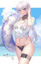 Rule 34 | 1girl, bikini, blue eyes, blue sky, blush, breasts, closed mouth, cloud, cloudy sky, commentary request, commission, day, fingernails, floral print, hand up, highres, holding, innertube, lips, looking at viewer, medium breasts, naruse (0819), navel, original, purple hair, see-through, shiny skin, shirt, short sleeves, signature, simple background, skeb commission, sky, smile, solo, stomach, swim ring, swimsuit, t-shirt, thigh strap, thighs, water, wet, wet clothes