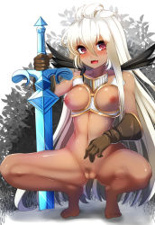 Rule 34 | 10s, 1girl, bad id, bad pixiv id, barefoot, blush, bottomless, breastless clothes, breasts, cleft of venus, dark-skinned female, dark skin, female pubic hair, gloves, granblue fantasy, long hair, looking at viewer, medium breasts, nipples, open mouth, panties, planted, planted sword, planted weapon, pubic hair, pussy, red eyes, smile, solo, squatting, sword, tenken (gotannda), uncensored, underwear, very long hair, weapon, white hair, zooey (granblue fantasy)