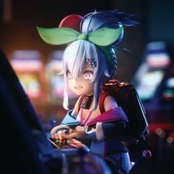 Rule 34 | 1girl, 3d, arcade, arcade cabinet, backpack, bag, blaster renko, boots, card, choker, chuukarudoruhu, composition inc., controller, dark background, detached sleeves, fighting game, hair ornament, hairclip, hairpin, id, joystick, medium hair, off shoulder, ornament, pleated skirt, skirt, socks, solo, streamers, thighhighs, video game, virtual youtuber