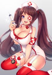 Rule 34 | 1girl, bad id, bad twitter id, bare shoulders, blue eyes, breasts, brown hair, choker, cleavage, demeter (destiny child), destiny child, dress, eyepatch, hat, highres, jewelry, large breasts, long hair, looking at viewer, nurse, nurse cap, simple background, smile, solo, sonko1015, syringe, thighhighs, twintails, very long hair