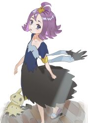 Rule 34 | 1girl, acerola (pokemon), armlet, blue eyes, blush, creatures (company), dress, game freak, gen 7 pokemon, hair ornament, highres, kurobeko (kur0bek0), looking at viewer, mimikyu, multicolored clothes, multicolored dress, nintendo, parted lips, patchwork clothes, pokemon, pokemon (creature), pokemon sm, purple hair, shoes, short hair, short sleeves, simple background, slippers, topknot