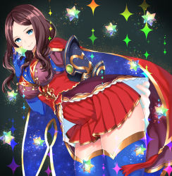 Rule 34 | 1girl, bent over, blue eyes, blue gloves, blue thighhighs, breasts, brown hair, cape, crystal, dress, elbow gloves, fate/grand order, fate (series), gloves, highres, kanosigu, large breasts, leonardo da vinci (fate), long hair, pleated skirt, shirt, siuuu (tumblr), skindentation, skirt, smile, solo, taut clothes, taut shirt, thighhighs, zettai ryouiki