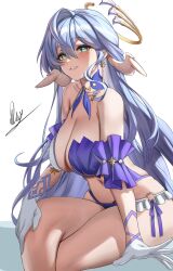 Rule 34 | 1girl, bare shoulders, bikini, blue hair, blush, breasts, cleavage, collarbone, commentary, crossed legs, earrings, english commentary, from side, gloves, green eyes, hair between eyes, halo, head wings, highres, honkai: star rail, honkai (series), jewelry, large breasts, long hair, looking at viewer, looking to the side, piukute062, robin (honkai: star rail), signature, simple background, sitting, skindentation, smile, solo, swimsuit, thighs, white background, white gloves, wings
