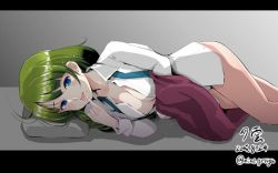 Rule 34 | 10s, 1girl, ahoge, blue eyes, border, braid, gradient background, green hair, kantai collection, licking, long hair, looking at viewer, lying, mine (wizard), mole, mole under mouth, no legwear, on side, open mouth, school uniform, serafuku, solo, tongue, tongue out, twitter username, very long hair, yuugumo (kancolle)