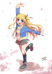 Rule 34 | 1girl, :d, arm up, artist name, blonde hair, blue eyes, dated, kanon, long hair, misaki juri, open mouth, sawatari makoto, signature, smile, solo, twintails, two side up