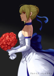 Rule 34 | 1girl, absurdres, ahoge, artoria pendragon (all), artoria pendragon (fate), bare shoulders, blonde hair, bouquet, breasts, choker, dress, elbow gloves, fate/stay night, fate (series), flower, from side, gloves, green eyes, hair ribbon, highres, long dress, official alternate costume, ribbon, ribbon choker, saber (fate), saber (pure night dress) (fate), short hair, sideways mouth, small breasts, solo, strapless, strapless dress, takamitsu-kun, wedding dress, white dress, white gloves