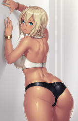 Rule 34 | 1girl, against wall, aqua eyes, arms up, ass, back, bangle, bare back, bare shoulders, bikini, blonde hair, blue eyes, blush, bracelet, cowboy shot, dark-skinned female, dark skin, dimples of venus, from behind, gradient background, hair between eyes, highres, houtengeki, huge ass, jewelry, looking at viewer, looking back, open mouth, original, parted lips, partially visible vulva, shiny skin, short hair, shoulder blades, sleeveless, solo, swimsuit, thighs, wide hips