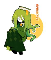 Rule 34 | 1boy, book, book on head, full body, green hair, green skirt, hair between eyes, highres, long hair, long skirt, looking at viewer, male focus, object on head, ophiuchus (zodiac), original, scratchitone, skirt, snake, snake hair, solo, solo focus, sweater, trap, wide-eyed, zodiac
