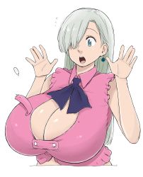 Rule 34 | 10s, 1girl, absurdres, bare shoulders, breasts, bursting breasts, cleavage cutout, clothing cutout, earrings, elizabeth liones, female focus, grey eyes, hair over one eye, highres, huge breasts, jewelry, long hair, midriff, muronaga chaashuu, nanatsu no taizai, necktie, open mouth, silver hair, simple background, solo, straining buttons, surprised, upper body, wardrobe malfunction, white background
