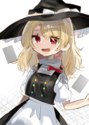 Rule 34 | 100th black market, 1girl, apron, blonde hair, borrowed character, bow, braid, card, doodles, hair bow, hat, hat bow, highres, kirisame marisa, long hair, ramochi, red eyes, single braid, touhou, upper body, waist apron, white background, white bow, witch hat