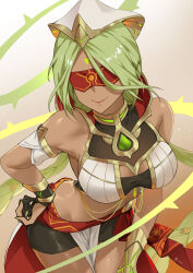 Rule 34 | 1girl, bare shoulders, blindfold, breasts, commentary request, cowboy shot, eremite floral ring-dancer (genshin impact), genshin impact, gradient background, green hair, grey background, hand on own hip, highres, large breasts, linreplica, loincloth, midriff, smile, solo, standing