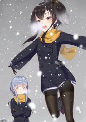 Rule 34 | 10s, 2girls, :3, :d, alternate costume, anchor symbol, black gloves, black hair, black legwear, blue hair, blush, breath, brown eyes, buttons, coat, crossed arms, eyebrows, gloves, gradient hair, grey background, grey hair, hair between eyes, hair ornament, hairband, hat, hatsukaze (kancolle), headgear, kantai collection, leg up, long hair, long sleeves, multicolored hair, multiple girls, open mouth, orange scarf, outstretched arms, outstretched hand, pantyhose, scarf, short hair, short hair with long locks, sidelocks, smile, snow, snowing, solid oval eyes, steam, tokitsukaze (kancolle), trembling, twitter username, two-tone hair, wavy mouth, wide oval eyes, winter, winter clothes, yellow scarf, you06