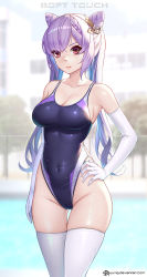 Rule 34 | 1girl, black one-piece swimsuit, breasts, cleavage, competition swimsuit, cone hair bun, covered navel, cowboy shot, double bun, elbow gloves, genshin impact, gloves, hair bun, hand on own hip, highleg, highleg swimsuit, highres, jurrig, keqing (genshin impact), large breasts, long hair, medium breasts, one-piece swimsuit, purple eyes, purple hair, solo, standing, sweat, swimsuit, thighhighs, white gloves, white thighhighs