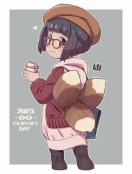 Rule 34 | 1girl, animal ears, beret, black hair, black pantyhose, blush, brown-framed eyewear, brown eyes, brown hat, closed mouth, coffee cup, commentary request, cup, disposable cup, fox ears, fox girl, fox tail, from behind, glasses, grey background, hat, heart, holding, holding cup, hood, hood down, hoodie, jacket, kitsune, kukuri (mawaru), looking at viewer, looking back, mawaru (mawaru), open clothes, open jacket, original, pantyhose, red jacket, short hair, smile, solo, tail, two-tone background, white background, white hoodie