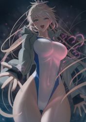 Rule 34 | 1girl, :d, blue eyes, blue one-piece swimsuit, blush, breasts, competition swimsuit, cowboy shot, fate/grand order, fate (series), floating hair, gloves, grey hair, half-closed eyes, highleg, highleg swimsuit, highres, imizu (nitro unknown), jacket, jeanne d&#039;arc (fate), jeanne d&#039;arc (swimsuit archer) (fate), jeanne d&#039;arc (swimsuit archer) (second ascension) (fate), large breasts, lightning, long hair, looking at viewer, miyamoto musashi (fate), miyamoto musashi (fate/grand order), miyamoto musashi (swimsuit berserker) (fate), one-piece swimsuit, open clothes, open jacket, open mouth, smile, solo, swept bangs, swimsuit, tareme, thigh strap, thighs, white one-piece swimsuit