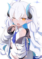 Rule 34 | 1girl, absurdres, ahoge, bare shoulders, blue archive, blue horns, blue necktie, halo, highres, horns, jacket, long hair, looking at viewer, necktie, one eye closed, open mouth, orange eyes, pointy ears, rotroto, simple background, sleeves past wrists, slit pupils, solo, sumomo (blue archive), tail, twintails, white background, white hair, white jacket, yawning