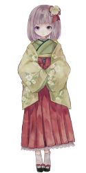 Rule 34 | 1girl, absurdres, bob cut, commentary, floral print, flower, full body, green kimono, hair flower, hair ornament, hair ribbon, hakama, hakama skirt, hieda no akyuu, highres, japanese clothes, kimono, long sleeves, looking at viewer, own hands together, purple eyes, purple hair, red ribbon, ribbon, sandals, sano naoi, short hair, skirt, sleeves past fingers, sleeves past wrists, smile, socks, solo, touhou, white background, white socks, wide sleeves, zouri