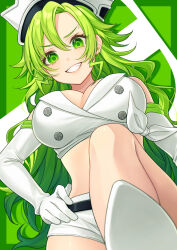 Rule 34 | 1girl, bare shoulders, bleach, bleach: sennen kessen-hen, breasts, candice catnipp, commentary request, crop top, drop shadow, elbow gloves, eyelashes, fang, from below, gloves, green background, green eyes, green hair, grin, hair between eyes, hand on own hip, hat, highres, karokuchitose, knee up, large breasts, lightning hair, long hair, looking at viewer, looking down, micro shorts, military hat, shirt, shorts, sidelocks, simple background, smile, solo, v-shaped eyebrows, very long hair, wavy hair, white gloves, white hat, white shirt, white shorts