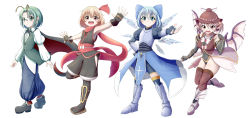 Rule 34 | 4girls, :d, alternate costume, antennae, arm guards, armor, arms at sides, bespectacled, bike shorts, bird wings, black cape, black footwear, black gloves, blonde hair, blue eyes, blue hair, blue pants, bow, brown headwear, brown legwear, brown vest, cape, cirno, commentary request, cross, cross-laced footwear, fang, feathered wings, fingerless gloves, from side, full body, glasses, gloves, greaves, green hair, hair bow, hair ribbon, hand on own hip, highres, hip vent, juliet sleeves, knight, leotard, long sleeves, looking at viewer, multiple girls, mystia lorelei, ninja, obi, open mouth, outstretched arms, outstretched hand, over-kneehighs, pants, parted bangs, pink eyes, pink hair, pointy ears, puffy pants, puffy sleeves, red eyes, ribbon, rimless eyewear, rumia, sandals, sarashi, sash, shirt, short hair, smile, spread arms, standing, standing on one leg, team 9 (touhou), thighhighs, touhou, vest, waistcoat, walking, wan tama, white shirt, wings, wriggle nightbug