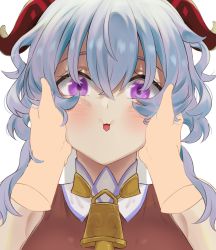 Rule 34 | altruwishm, bell, blue hair, blush, cheek squash, curled horns, disembodied hand, face squeeze, ganyu (genshin impact), genshin impact, hands on another&#039;s cheeks, hands on another&#039;s face, highres, horns, looking at viewer, neck bell, pov, purple eyes, sidelocks, solo focus, white background