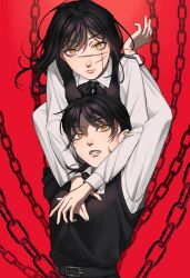 Rule 34 | 2girls, arms around neck, arms up, black hair, chain, chainsaw man, collared shirt, cross scar, facial scar, highres, long hair, looking at viewer, michi (user cgpn5722), mitaka asa, multiple girls, parted lips, red background, ringed eyes, scar, scar on cheek, scar on face, shirt, simple background, yellow eyes, yoru (chainsaw man)