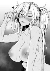 Rule 34 | 1girl, absurdres, aftersex, blush, breasts, condom, dark-skinned female, dark skin, glasses, greyscale, hair between eyes, heart, highres, holding, holding condom, kantai collection, large breasts, long hair, looking at viewer, monochrome, musashi (kancolle), nail polish, nipples, nude, open mouth, sidelocks, simple background, solo, sweat, twintails, used condom, yunamaro