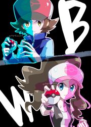 Rule 34 | 1boy, 1girl, artist name, baseball cap, blue eyes, blue jacket, brown hair, clenched hand, closed mouth, commentary request, creatures (company), eyelashes, game freak, hat, highres, hilbert (pokemon), hilda (pokemon), holding, holding poke ball, jacket, long hair, medium hair, nintendo, poke ball, poke ball (basic), poke ball print, pokemon, pokemon bw, pokepokekonpeki, print headwear, twitter username, v-shaped eyebrows, yellow eyes