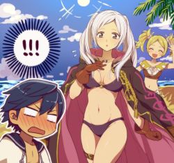 Rule 34 | 1boy, 2girls, bikini, blonde hair, blue eyes, blue hair, blush, breasts, brother and sister, cape, chibi, chrom (fire emblem), closed eyes, day, fire emblem, fire emblem awakening, fire emblem heroes, hair ornament, hiyori (rindou66), hood, lissa (fire emblem), long hair, multiple girls, navel, nintendo, open mouth, outdoors, robin (female) (fire emblem), robin (fire emblem), short hair, short twintails, siblings, sky, smile, swimsuit, twintails, white hair