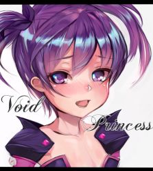 Rule 34 | 1girl, aisha landar, azarea (variante100), bad id, bad pixiv id, blush, character name, collarbone, detached sleeves, elsword, face, letterboxed, open mouth, purple eyes, purple hair, short hair, solo, twintails, void princess, void princess (elsword), white background