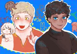 Rule 34 | 1girl, 2boys, :o, animal, black hair, blonde hair, blue background, blue eyes, brother and sister, brown sweater, chibi, closed eyes, closed mouth, cockatrice, cropped torso, dark-skinned male, dark skin, dungeon meshi, falin touden, hand up, hands up, highres, holding, kabru, laios touden, looking at viewer, multiple boys, octopus, open mouth, pointing, pointing at viewer, rabbit, red shirt, shirt, short hair, siblings, smile, sparkle, sub subac, sweater, turtleneck, upper body, very short hair, walking mushroom (dungeon meshi), yellow eyes