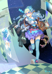 Rule 34 | 1girl, blue eyes, blue hair, bow, crayon, glasses, gun, highres, long hair, magazine (object), magazine (weapon), matching hair/eyes, open mouth, pixiv, pixiv-tan, riccae, skirt, solo, spray paint, sword, thighhighs, weapon