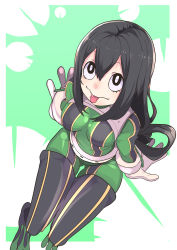 Rule 34 | 1girl, absurdres, asui tsuyu, black hair, bodysuit, boku no hero academia, boots, breasts, frog, frog girl, gloves, goggles, goggles on head, highres, long hair, thigh boots, thighhighs