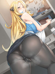 Rule 34 | 1girl, anus, anus peek, apron, ass, backless panties, bent over, black panties, black pantyhose, blonde hair, blush, breasts, brown eyes, cameltoe, clothes lift, commentary request, creatures (company), curvy, cynthia (pokemon), dutch angle, faceless, faceless male, from behind, game freak, hair ornament, heavy breathing, highres, huge breasts, jewelry, kitchen, long hair, looking at viewer, looking back, miniskirt, mm (yoromu), nintendo, panties, panties under pantyhose, pantyhose, pantylines, partially visible vulva, pokemon, pokemon (anime), pokemon bw (anime), ring, skindentation, skirt, skirt lift, sleeveless, solo focus, thick thighs, thighs, thong, underwear, upskirt, wedding band