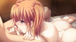 Rule 34 | 1boy, 1girl, ass, barefoot, bed sheet, blush, breasts, brown hair, celica sylphil, censored, cleavage, completely nude, fellatio, game cg, hatozuki tsumiki, hetero, ikusa megami verita, indoors, long hair, medium breasts, mosaic censoring, nude, on bed, oral, penis, soles, twintails, yellow eyes